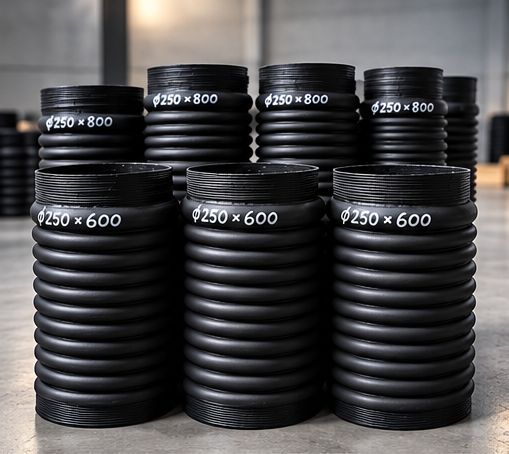 Węże ssawne o średnicy 250 mm opisane wymiarami
